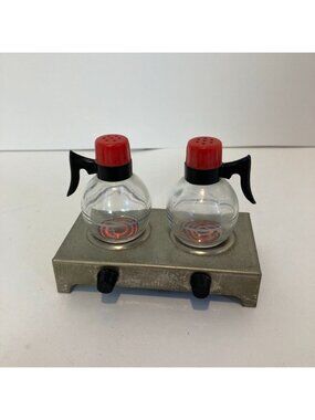 Vintage 50s Mini Glass Coffee Pots and Metal Hot Plate Salt & Pepper Shakers Set